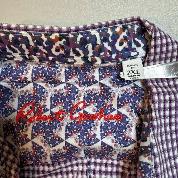 Robert Graham Purple Gingham Check Classic Fit Flip Cuff Button Up Shirt Men 2XL - Picture 4 of 9
